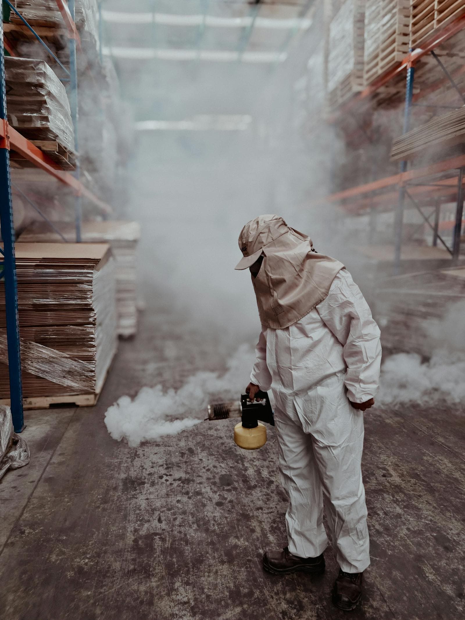 A pest control technician in protective gear performing a professional treatment — Roger's licensed technicians handle every service from termite to commercial.